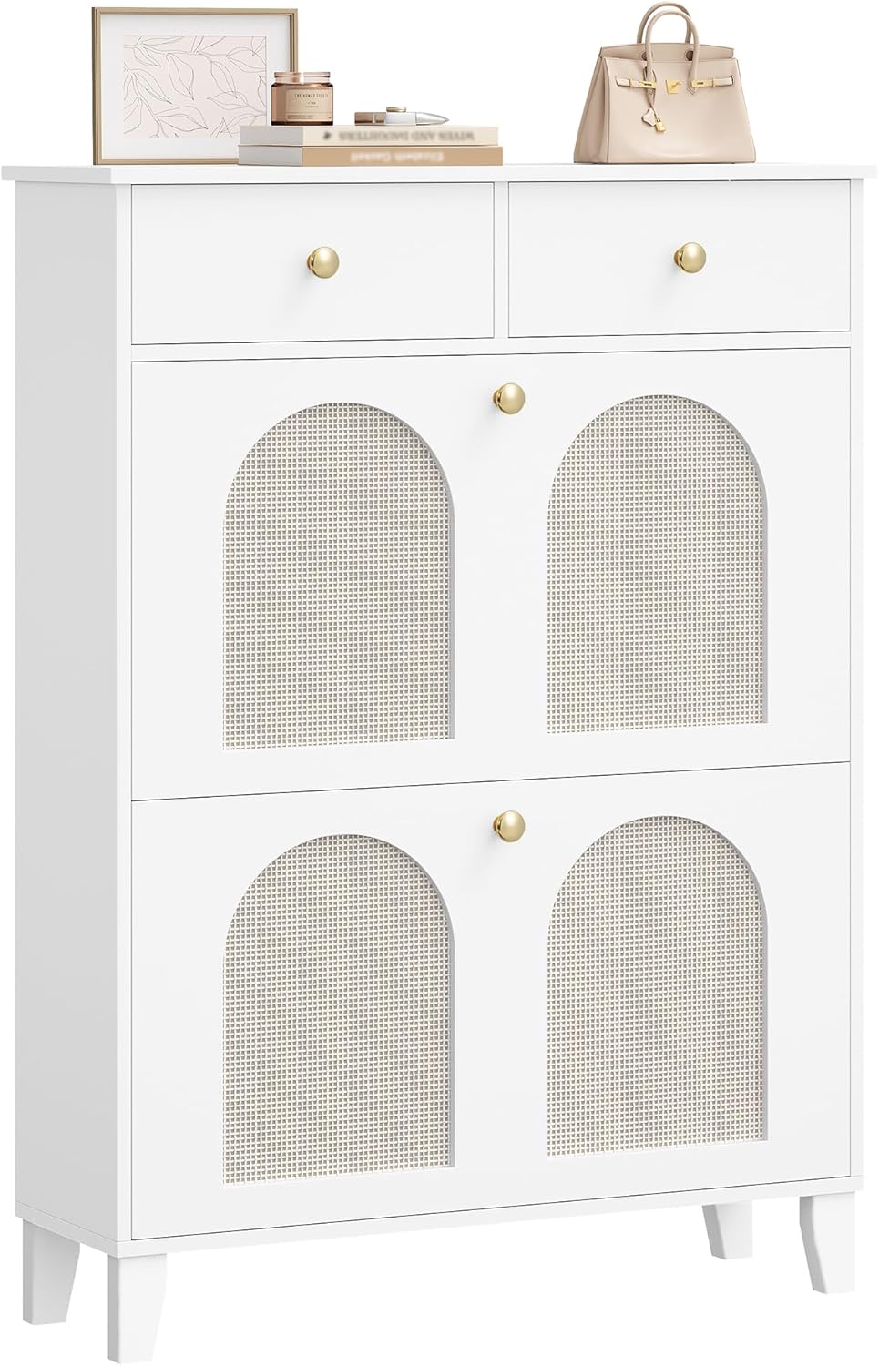 Hzuaneri Schuhschrank mit 2 Klappen, Grosser Rattan Schuhschrank Schmal Holz, Trennwand Verstellbar,