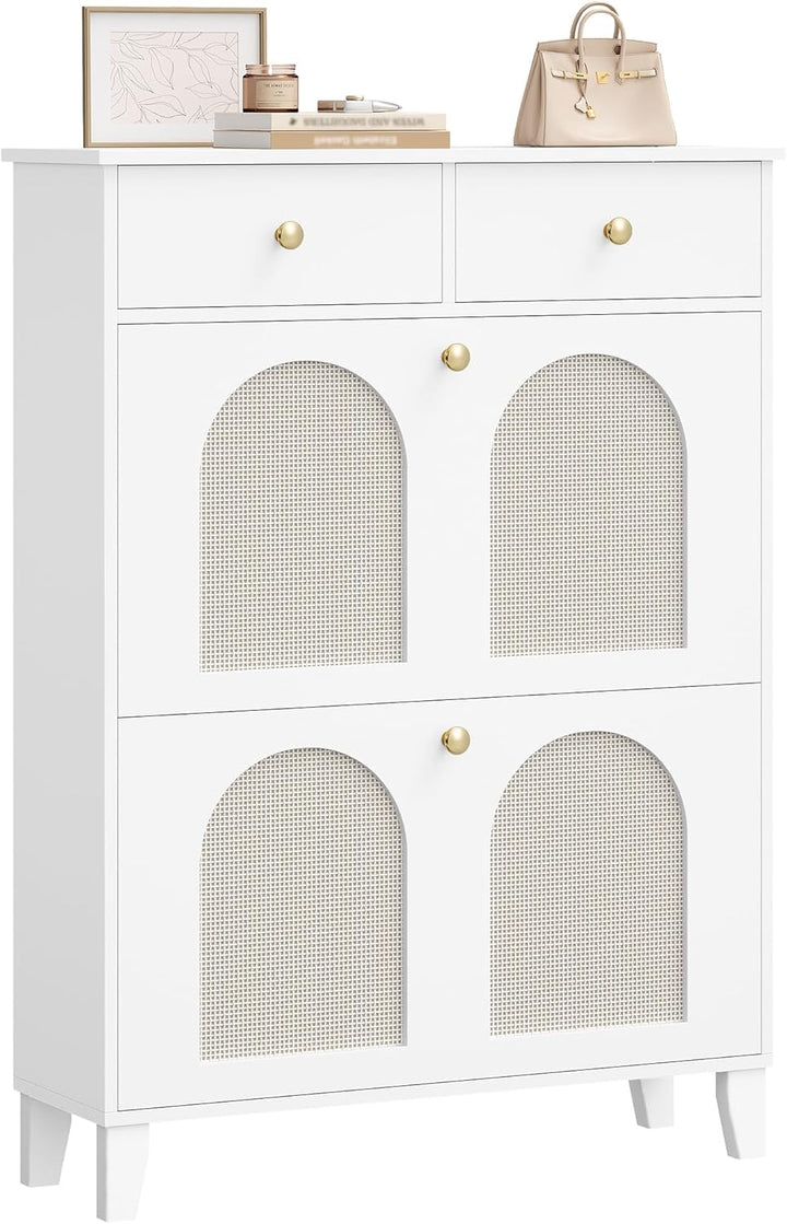 Hzuaneri Schuhschrank mit 2 Klappen, Grosser Rattan Schuhschrank Schmal Holz, Trennwand Verstellbar,