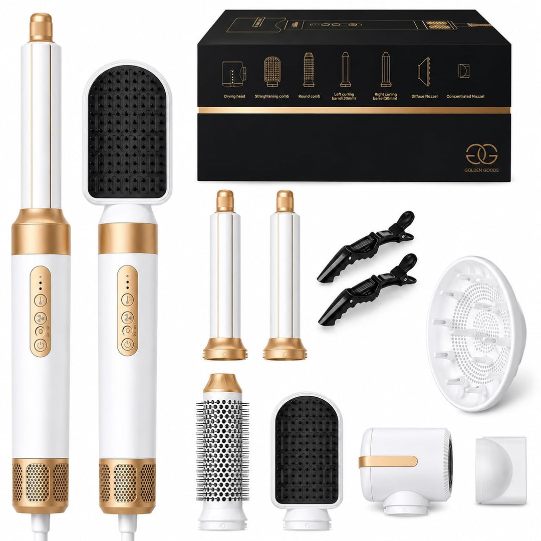 Airstyler 7-in-1 Lockenstab, Golden Goods Hairstyler Set mit Warmluftbürste, Glättbürste, Haartrockn