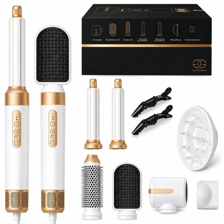 Airstyler 7-in-1 Lockenstab, Golden Goods Hairstyler Set mit Warmluftbürste, Glättbürste, Haartrockn