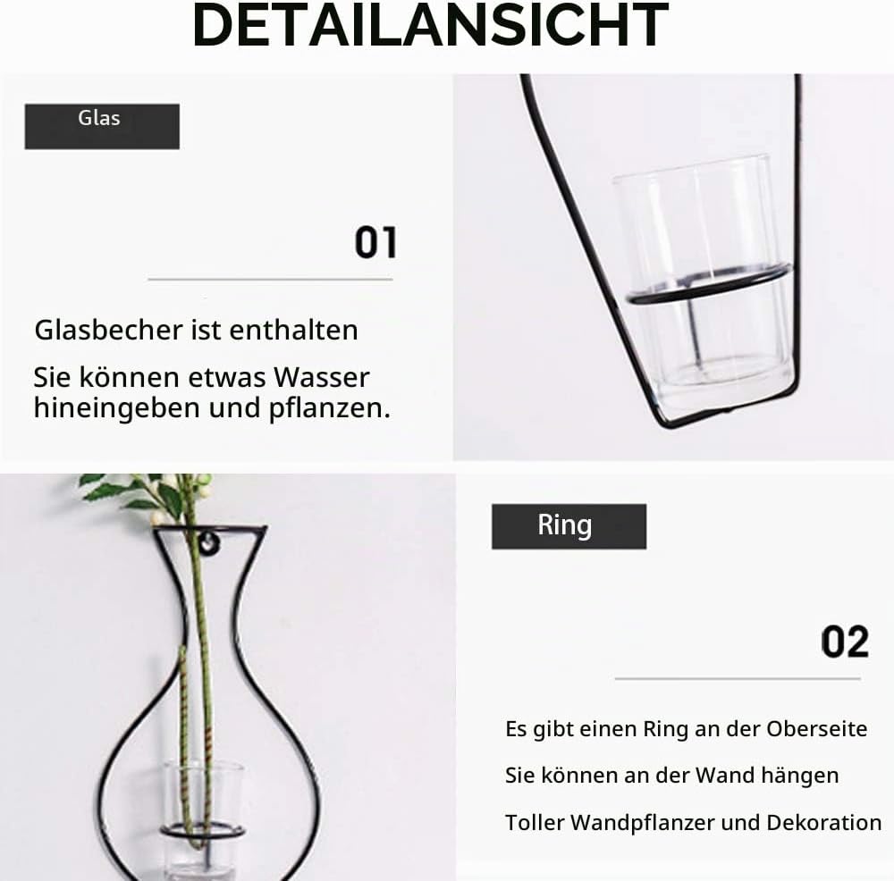 NUPTIO Satz von 5 Wandbehang Pflanzgefässe mit Glasbecher Vasen, Eisen Metallständer für Wasser Pfla