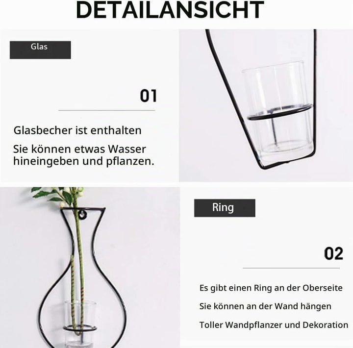 NUPTIO Satz von 5 Wandbehang Pflanzgefässe mit Glasbecher Vasen, Eisen Metallständer für Wasser Pfla
