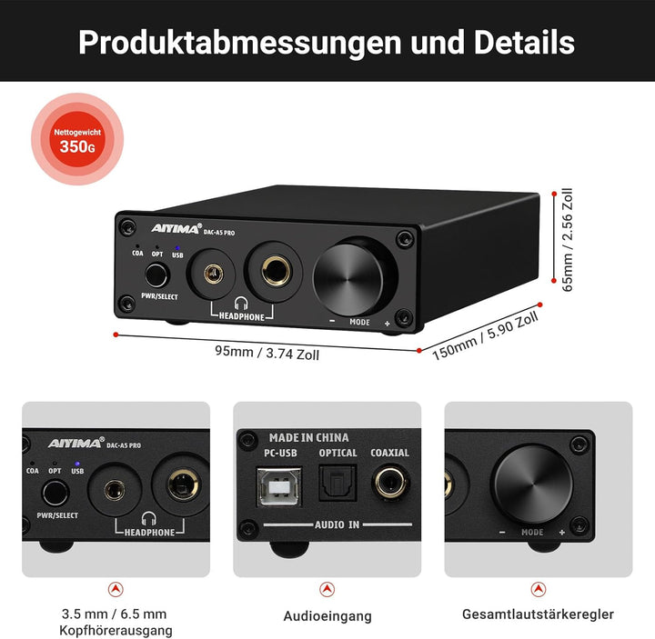 AIYIMA DAC A5 Pro Mini Kopfhörer Verstärker HiFi USB DAC Decoder Audio 24 Bit 192kHz Mini Stereo-Dec
