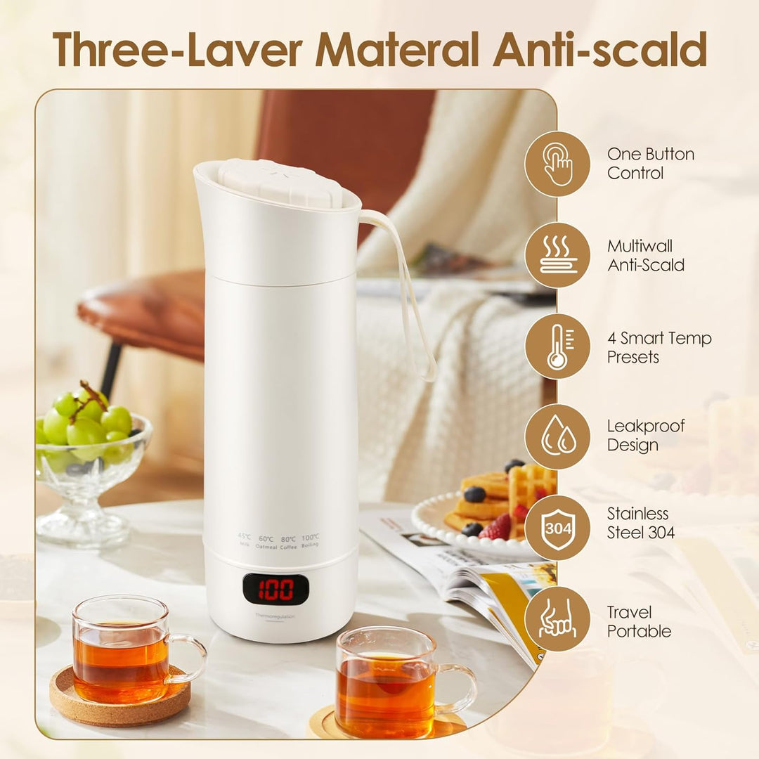 Reise Wasserkocher Klein 400ML,Tragbarer Reisewasserkocher mit Temperatureinstellung-304 Edelstahl-4