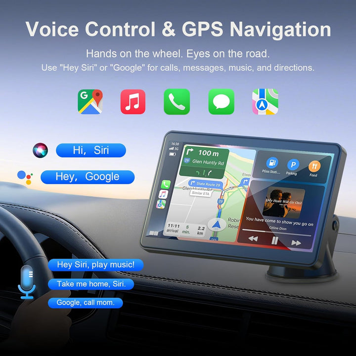 7" Drahtloses Tragbares Car Play Display für Apple CarPlay & Android Auto mit Bluetooth, Mirror Link