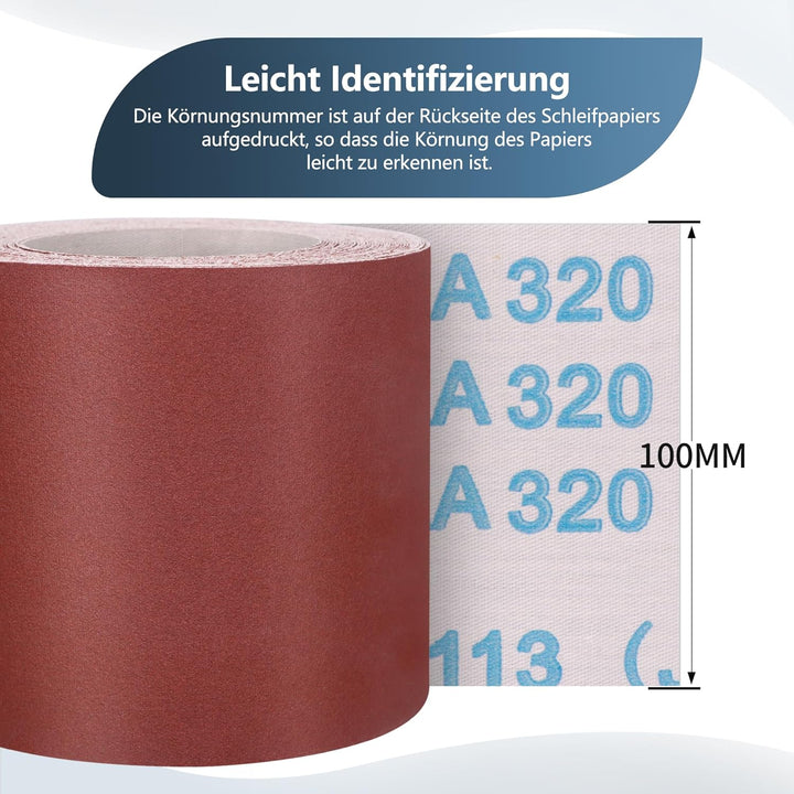 ZEHIQ Schleifpapier Rolle, Schleifpapierrollen Körnung 320, 100 mm x 10 m Schleifleinen Rolle für Ha