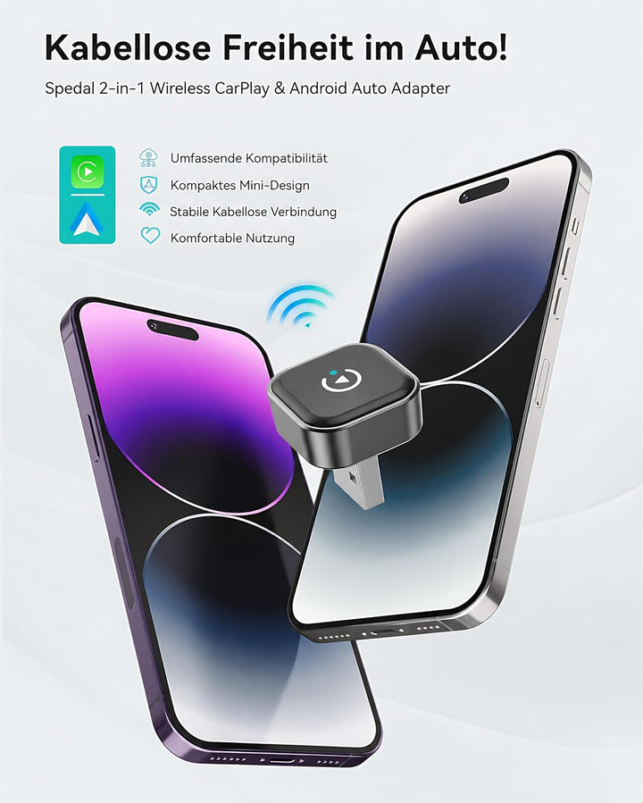 Spedal 2-in-1 Wireless CarPlay &amp; Android Auto Adapter, Mini USB-A/C Dongle | Kabellos fahren mit WiF