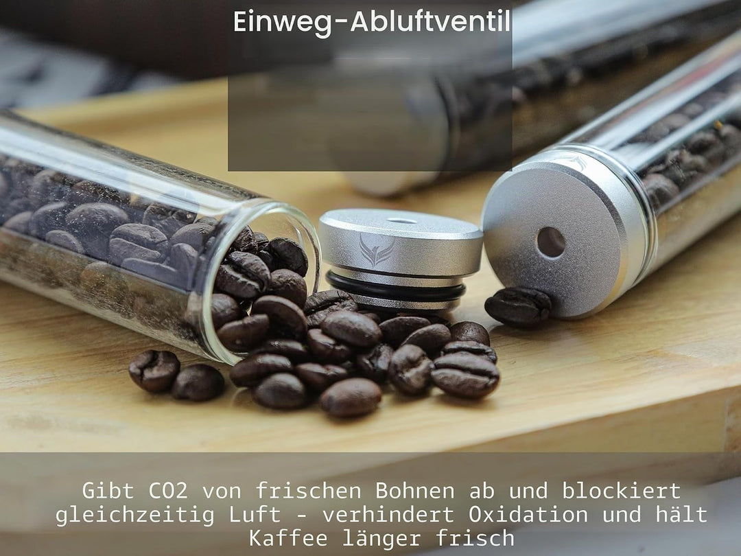 Kaffee Röhrchen Set – 12 Glasröhrchen mit Einweg-Entlüftungsventil, Walnussständer & Edelstahl-Trich