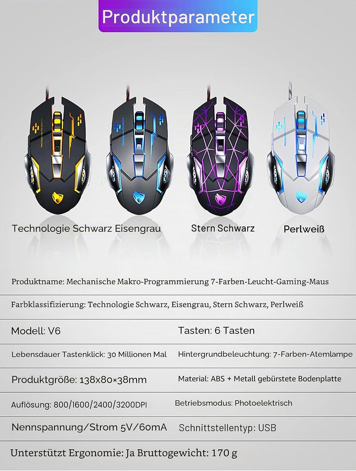 ✅ MOUSE GAMING RGB LED Programmierbare Präzises Metall verkabelt 6 Tasten ergonomisch beleuchtete La