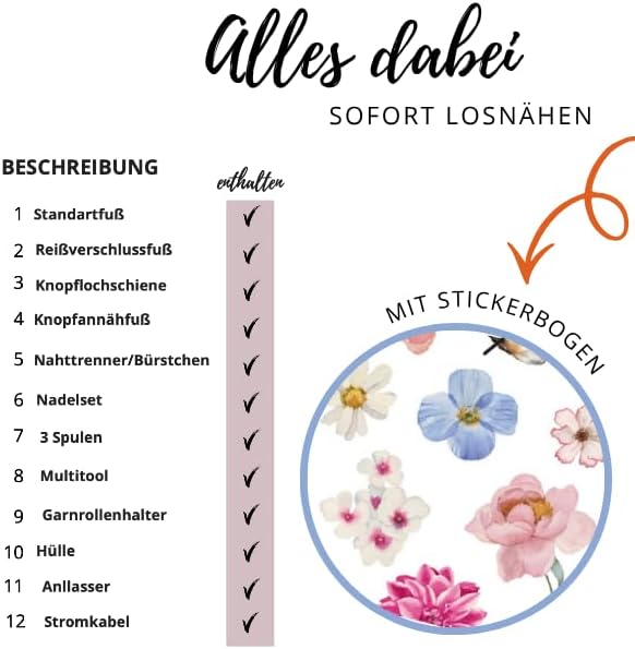FEIYUE Flora Rosé Nähmaschine, 34 Stiche, LED, Freiarm, 38×16×28 cm, 6,4 kg, 100 W Servo, Elektrisch