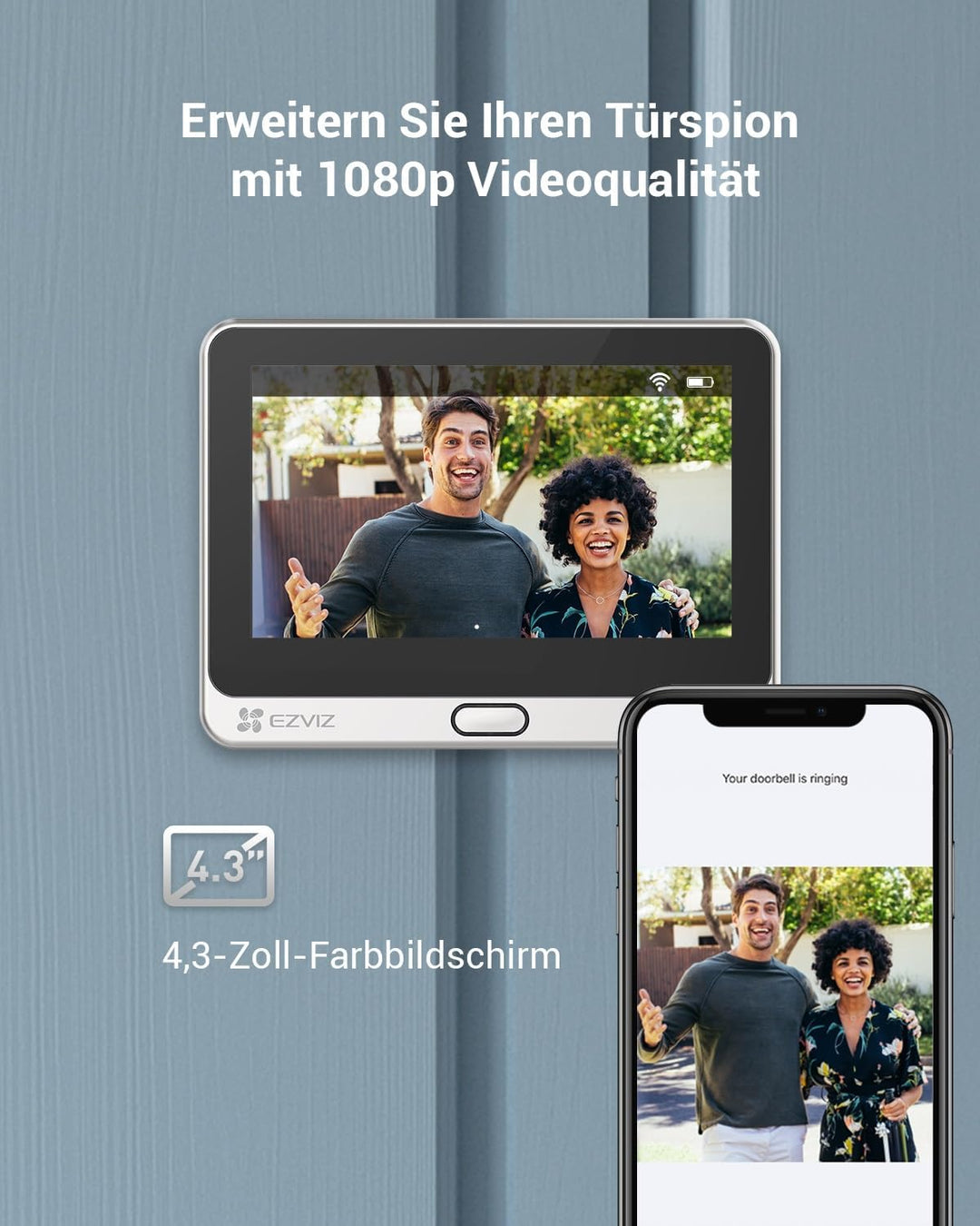 EZVIZ WLAN Türklingel mit 4600mAh Akku, 4,3 Zoll Farbbildschirm, 155° Weitwinkel und PIR-Sensor, 2MP