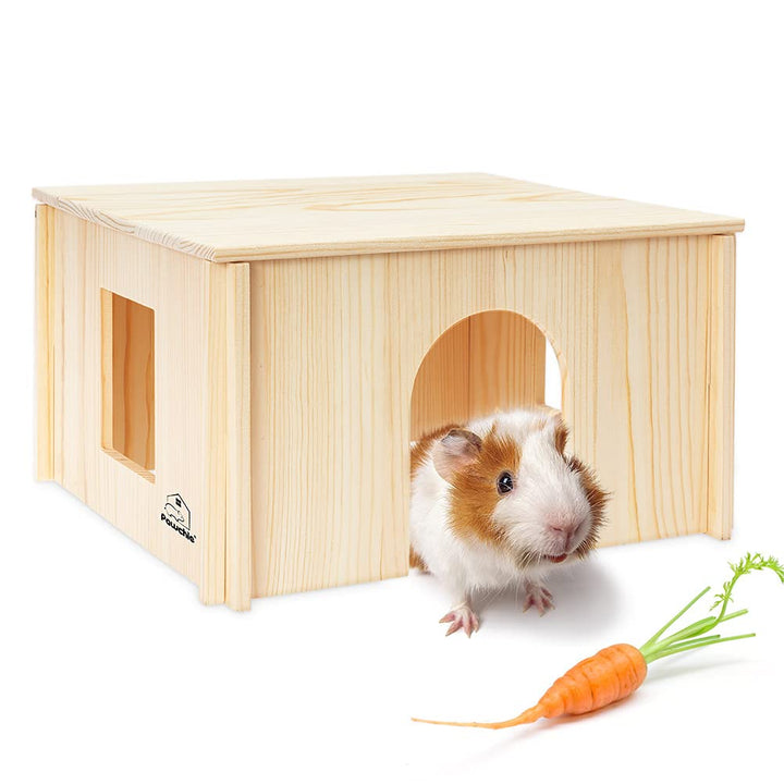PAWCHIE Hölzerne Hütte mit Fenstern – abnehmbares und grosses Holzhaus, geeignet für Meerschweinchen
