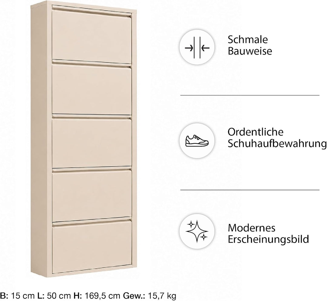 Schuhschrank Schmal, 5 Regale, Metall Schuhkipper mit Magnet-Klappen, Freistehend oder Wandmontage,