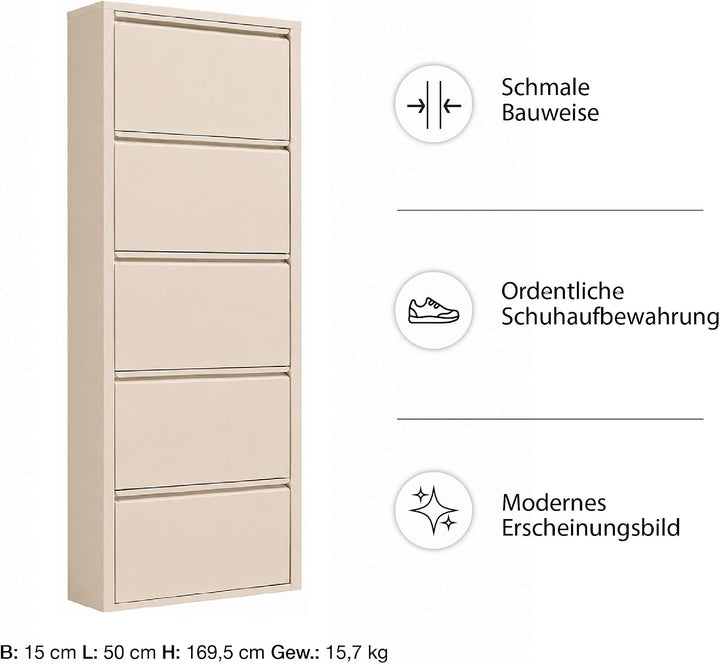 Schuhschrank Schmal, 5 Regale, Metall Schuhkipper mit Magnet-Klappen, Freistehend oder Wandmontage,