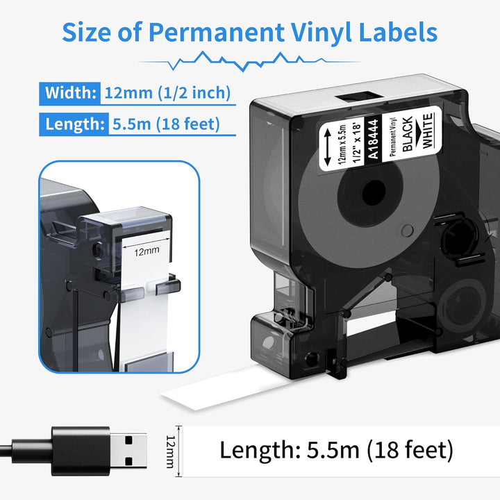 5x 18444 Industrie-Vinyletiketten kompatibel mit Dymo Rhino Industrie Vinyletiketten, 12mm x 5,5m, S