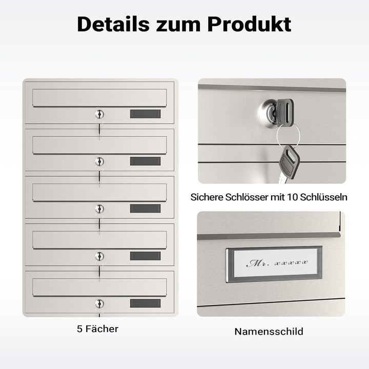 Wiltec 5er Briefkastenanlage Edelstahl 556 x 270 x 1500 mm, Standbriefkasten mit 5 Fächern, Schlüsse
