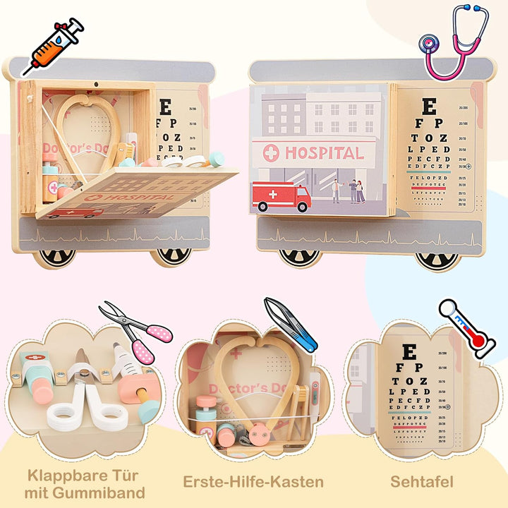 COSTWAY Montessori Motorikbrett, 5-in-1 Busy Board mit Schminkset, Werkzeugkasten, Spielküche, Arzts