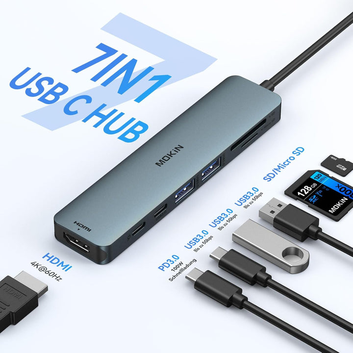 USB C Hub, Multiport Adapter für MacBook Pro/Air, 7 in 1 MacBook Adapter USB C auf HDMI Hub, 2USB 3.