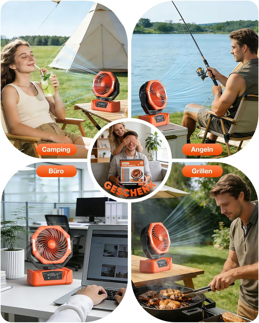 Camping Ventilator mit 24000mAh Akku Wiederaufladbar, HD Digitalanzeige |USB| LED-Licht| Timer, 6 Ge