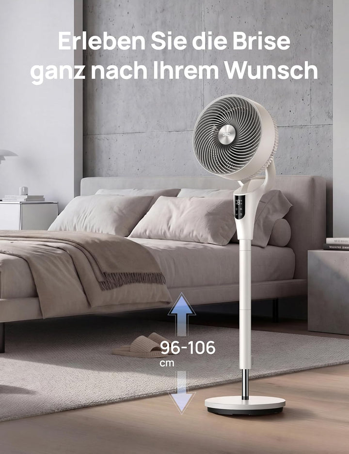 Dreo Leiser Standventilator, 1444m³/h Luftvolumen oszillierende Ventilator, 3 Stufen 6H Timer Turmve