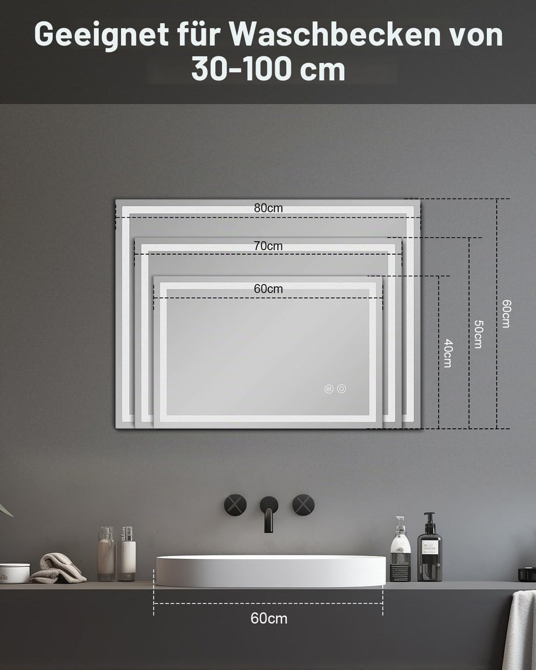 LED Badspiegel, 40x60cm Badezimmerspiegel mit Antibeschlag, Spiegel mit Beleuchtung mit Touchschalte