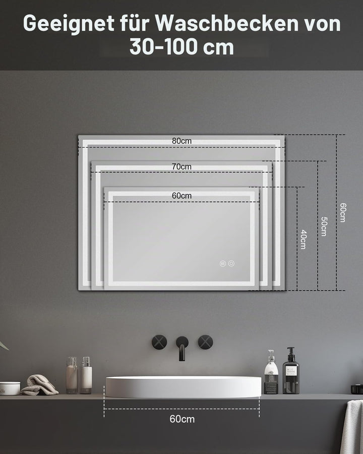 LED Badspiegel, 40x60cm Badezimmerspiegel mit Antibeschlag, Spiegel mit Beleuchtung mit Touchschalte