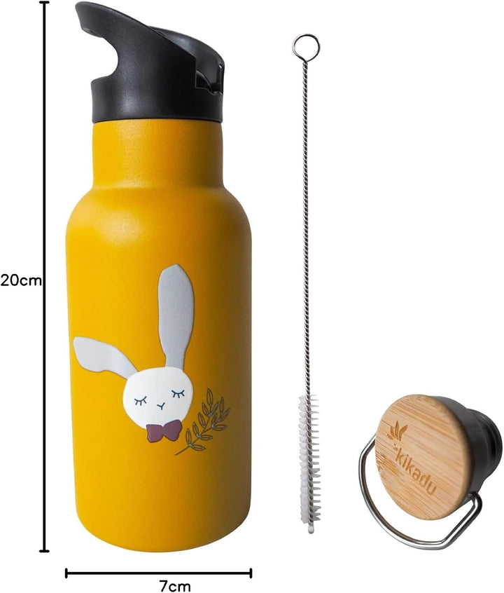 kikadu Trinkflasche Hase Senfgelb - - Kindergeschirr, BPA-frei, 18/8 Edelstahl, mit niedlichen Aufdr