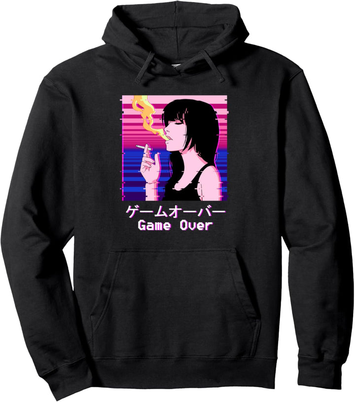 Japanese Aesthetic Vaporwave Smoking Sad Anime Girl Pullover Hoodie