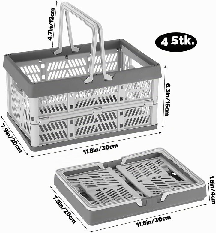 4 Stück Faltbarer Klappbox mit Henkel, 30 x 20 x 16 cm Kleiner Einkaufskorb, Camping Klappkorb, Plas