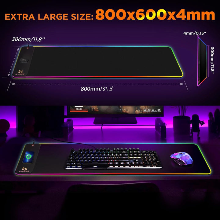 Gimars Upgrade Gaming Mauspad RGB, 15W Kabelloser Schnellladung, 800x300x5mm, Mousepad XXL mit 10 Fa