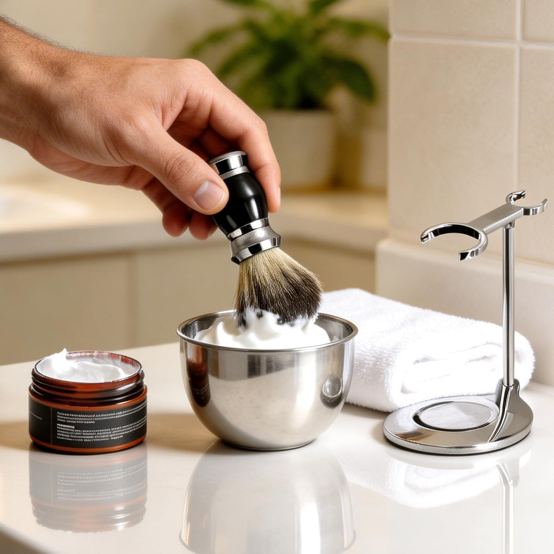 GRUTTI Rasier-Set 4-in-1: Rasierbürste + Rasierbecher + Rasierständer + Rasiercreme, Luxus Rasurerle