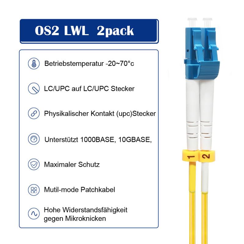 FLYPROFiber 0.2M OS2 LC auf LC LWL Glasfaser Patchkabel | Längenoptionen: 0,2m-200m, 1G/10GB Singlem