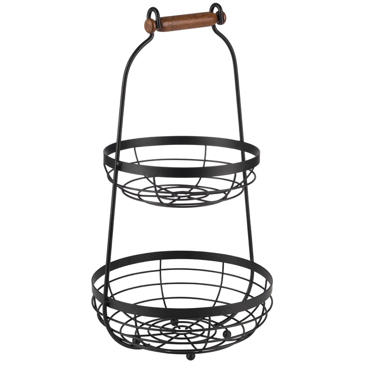 APS Serviergestell mit Zwei Körben und Holzgriff - 2-stufige Etagere aus Metall, Schwarz, Höhe 48 cm
