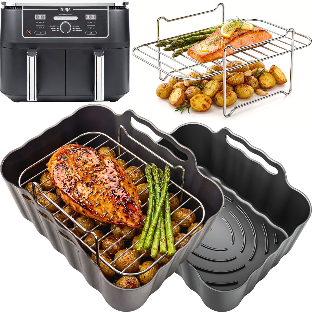 Ninja AF400EU Zubehör 9,5L Airfryer | 2 Silikonformen + 2 Edelstahl Grillrost Einsätze + 4 Spiesse |