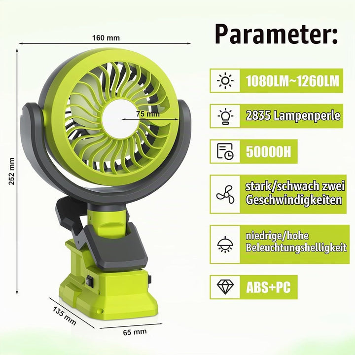 Akku Clip Ventilator für Ryobi 18V Kabelloser Ventilator, Tischventilator,Camping Ventilator 180°C s