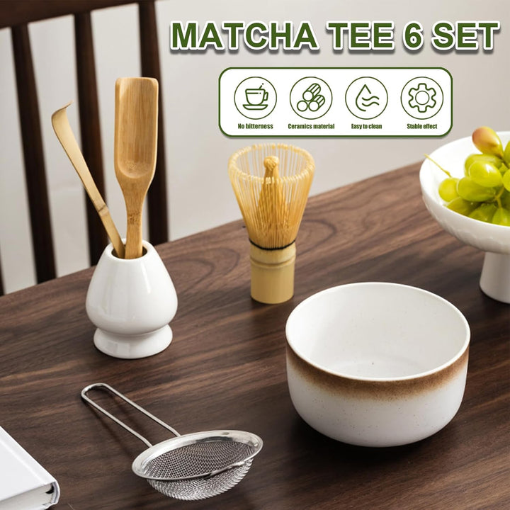 Matcha Set, 6-teilig mit Sieb, Matcha Besen, Keramik Matcha Schale, Matcha Tee Chasen Whisk und Teel