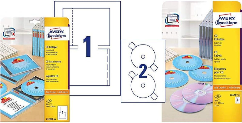 AVERY Zweckform, C32250-25 CD-Einleger spezialbeschichtet (Inkjet, Laser+Kopierer geeignet, 185g, 15