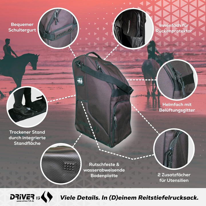 Driver13 Reitstiefelrucksack Reitstiefeltasche Stiefeletten Taschen Deluxe mit Helmfach für Reitstie