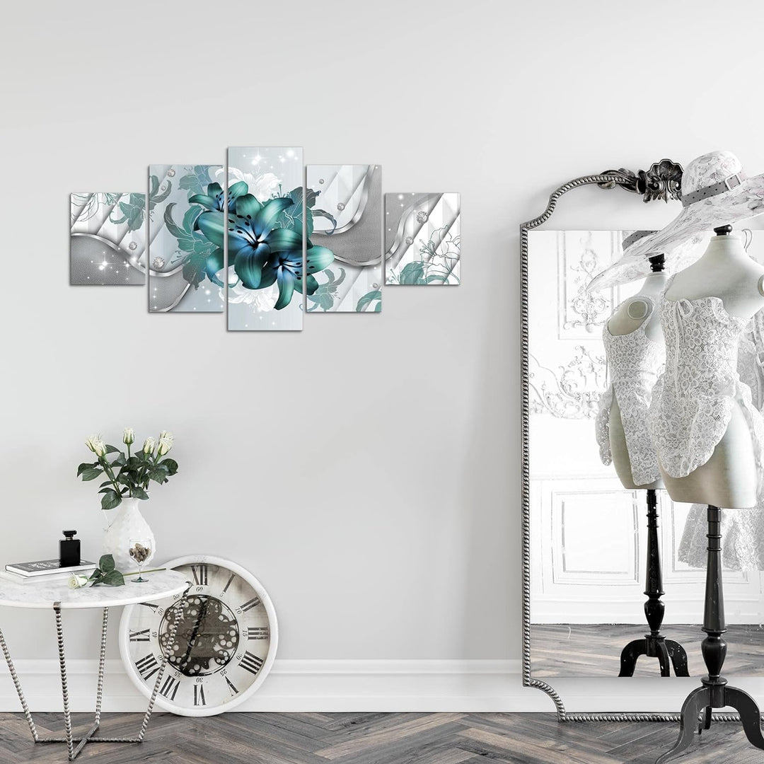 Runa Art Wandbilder Blumen Lilien 5 Teilig Bild auf Vlies Leinwand Deko Wohnzimmer Abstrakt Grau Tür