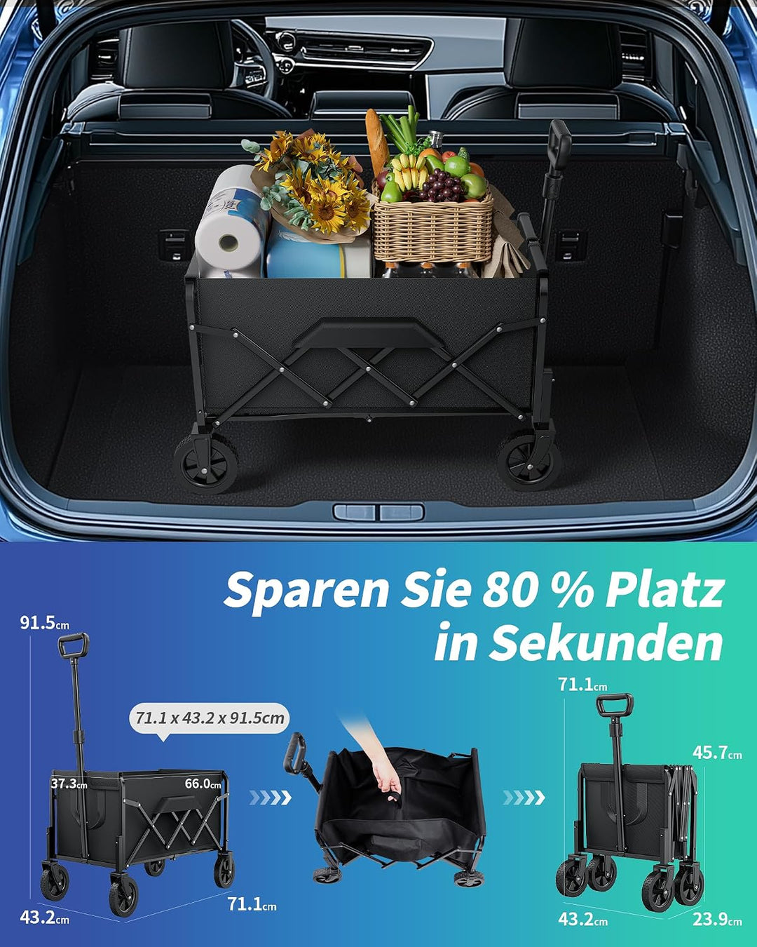 Klein Kitsure Bollerwagen Faltbar – 100L Handwagen mit Hartplastikrädern, Belastbar bis 360 LBS, Tra