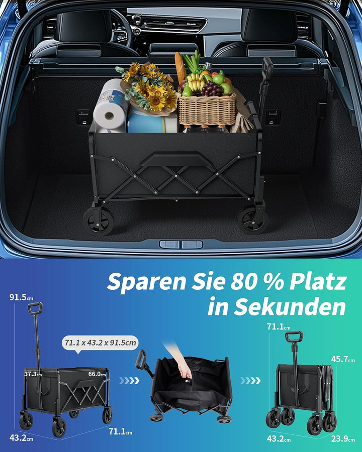 Klein Kitsure Bollerwagen Faltbar – 100L Handwagen mit Hartplastikrädern, Belastbar bis 360 LBS, Tra