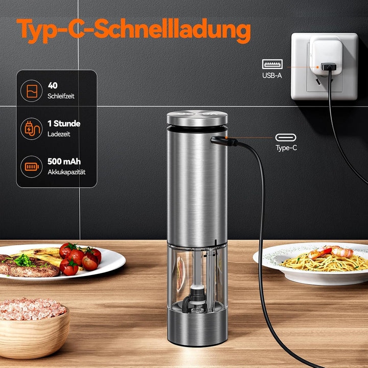 VOXON Salz und Pfeffermühlen Elektrische 2er Set mit USB Wiederaufladbarer, Grosse Kapazität Gewürzm