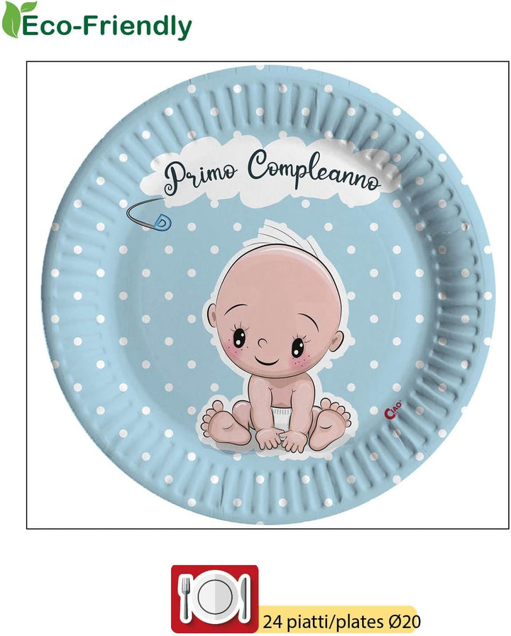 Ciao - Partygeschirr Primo Compleanno für 24 Personen (112 pcs: 24 Pappteller Ø23cm, 24 Pappteller Ø
