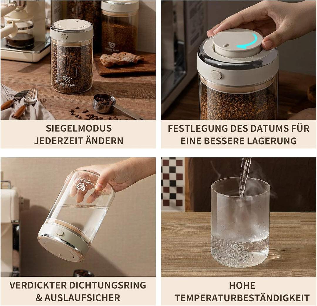 Glas Kaffeedose Luftdicht 370g Bohnen Kaffeebohnen Behälter Kaffeebehälter Kaffee Vakuumbehälter 1,1