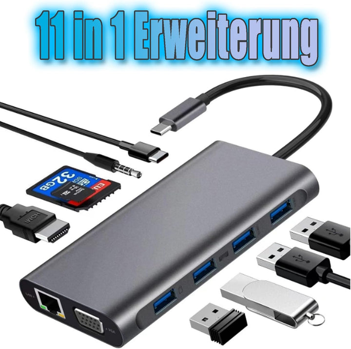 USB C HUB, Docking Station, 11-in-1 USB C Adapter mit 4K-HDMI, VGA, USB 3.0 Port, Type C PD, Etherne