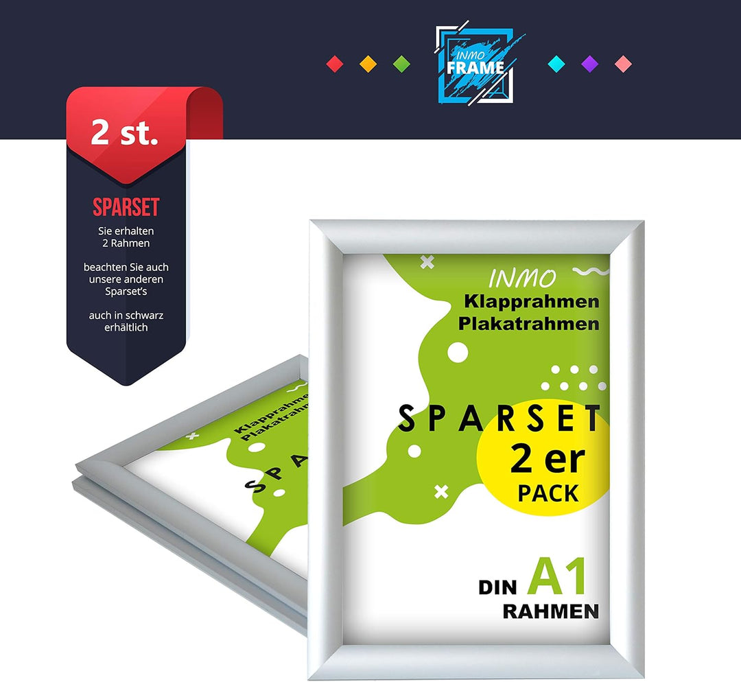 INMO Alu-Klapprahmen DIN A1 2 Stück mit Aluminium Profil ohne Glas - Klappbarer Bilderrahmen Silber