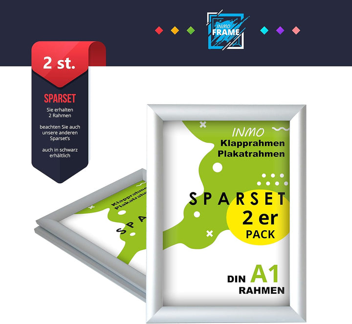 INMO Alu-Klapprahmen DIN A1 2 Stück mit Aluminium Profil ohne Glas - Klappbarer Bilderrahmen Silber