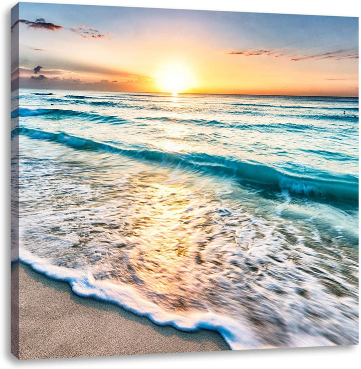 Meer bei Sonnenuntergang, Format: 70x70 auf Leinwand, XXL riesige Bilder fertig gerahmt mit Keilrahm