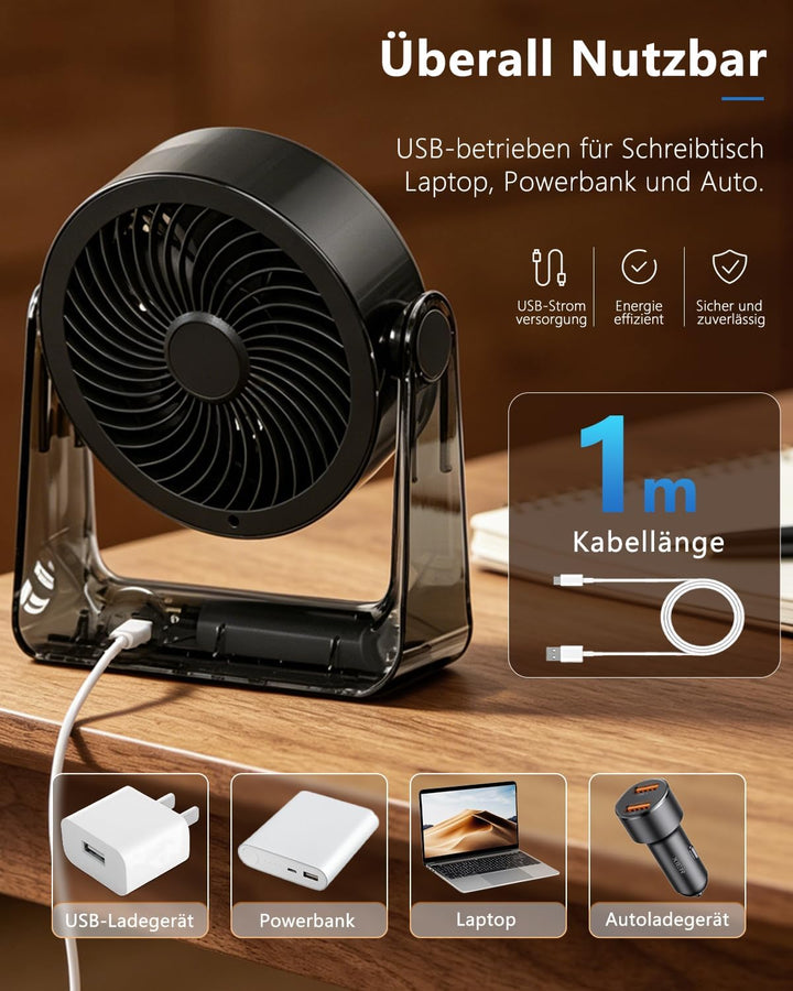 Tischventilator, USB Ventilator Akku, 6 Geschwindigkeiten Leise Ventilator mit LED Display, 360 ° Dr