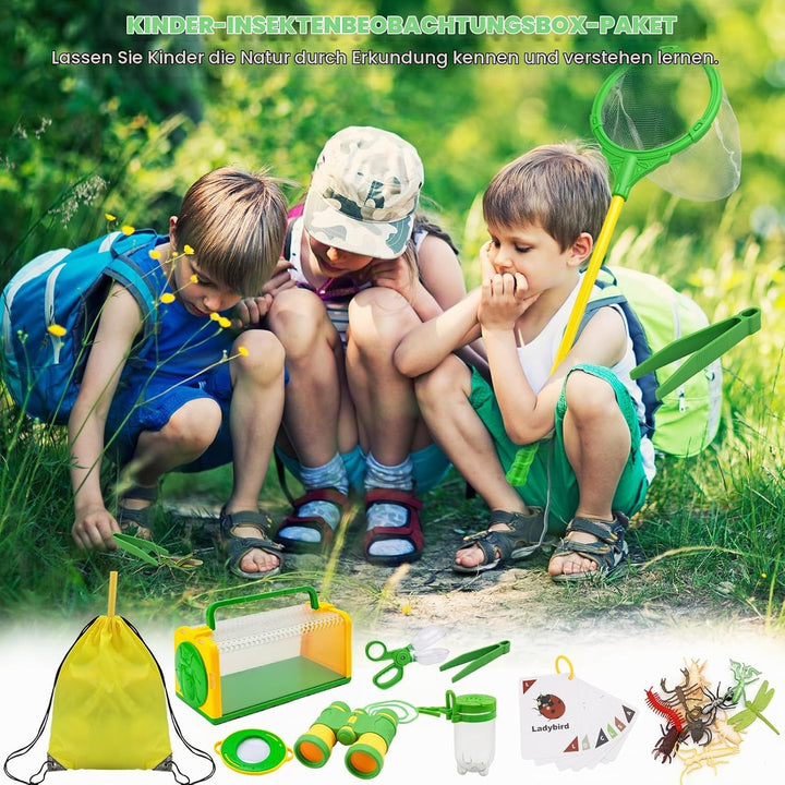 Forscherset für Kinder, Becherlupen für Kinder, Entdecker Set, Kinderfernglas, Schmetterlingsnetz, O